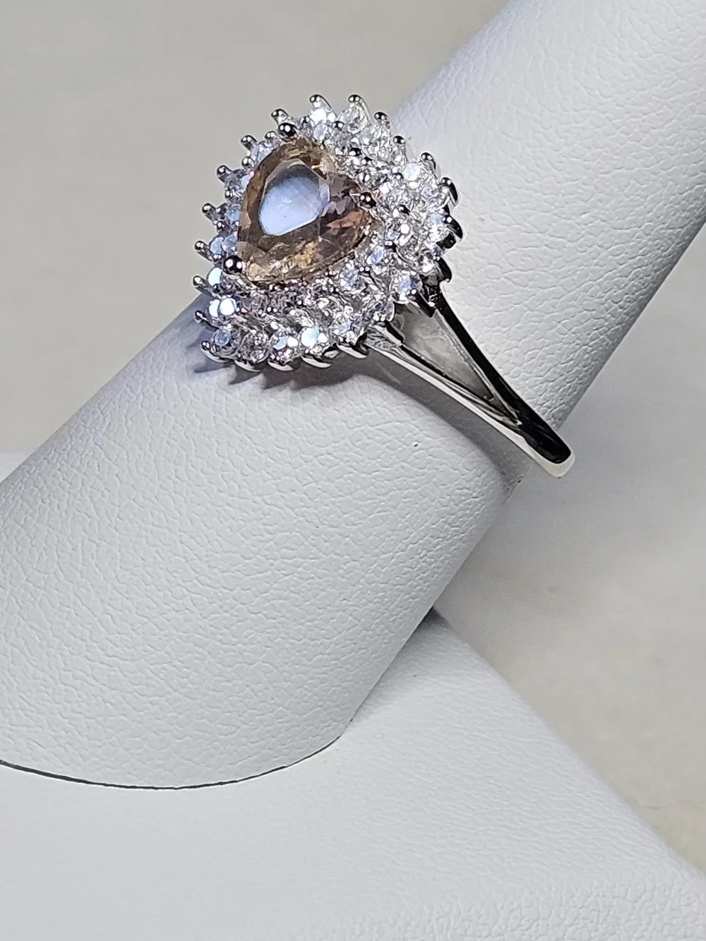 Stunning Heart Halo Ring with Champagne Center Stone - Sterling Silver